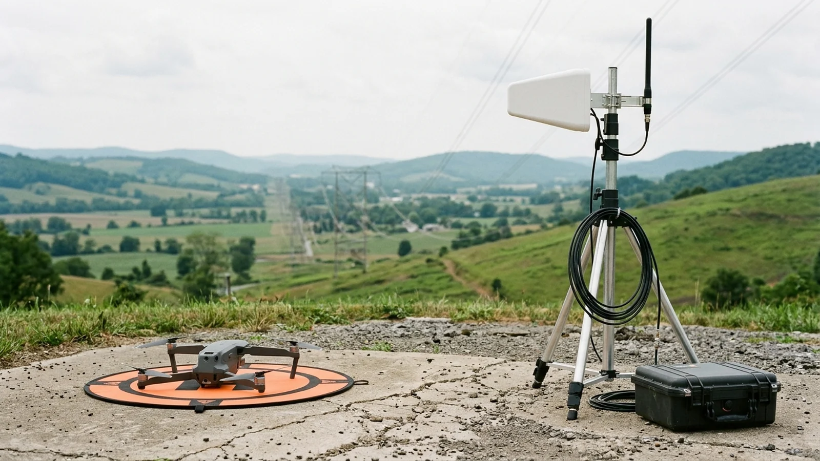 Unmarked industrial quadcopter on a rural utility turnout beside a tripod-mounted directional command-and-control antenna mast overlooking a valley corridor