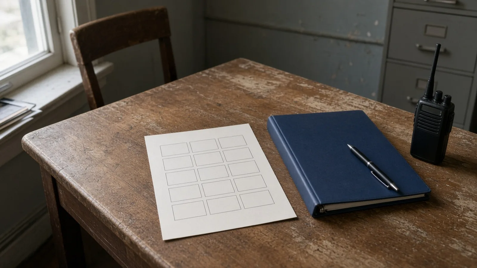 A blank paper grid, a closed blue binder, a pen, and a black radio on a worn wooden desk