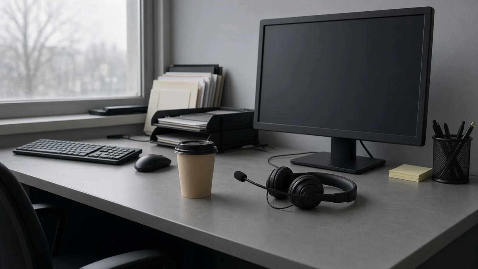 A headset, keyboard and dark monitor beside a window