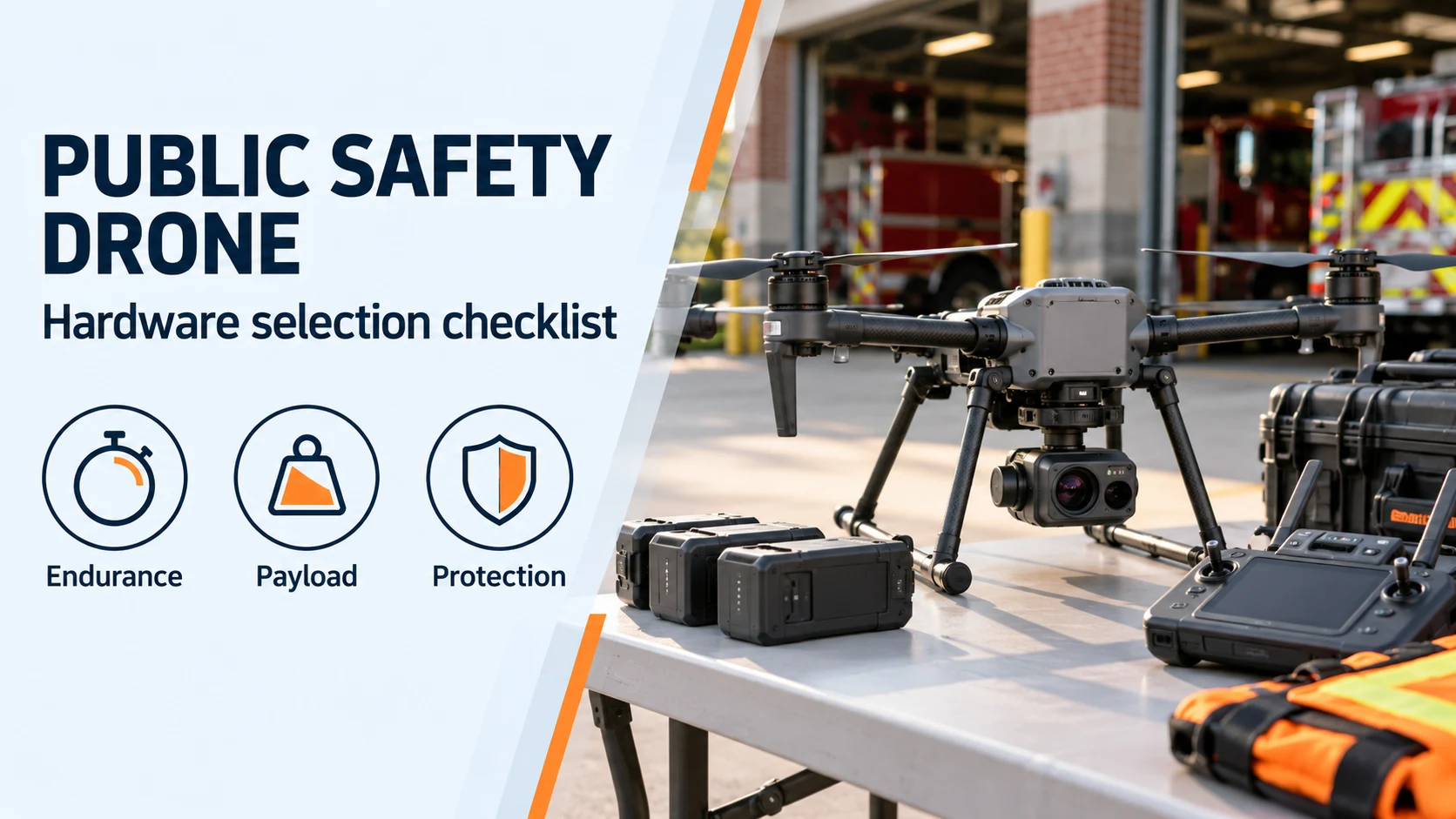 Public safety drone hardware selection checklist beside staged aircraft equipment